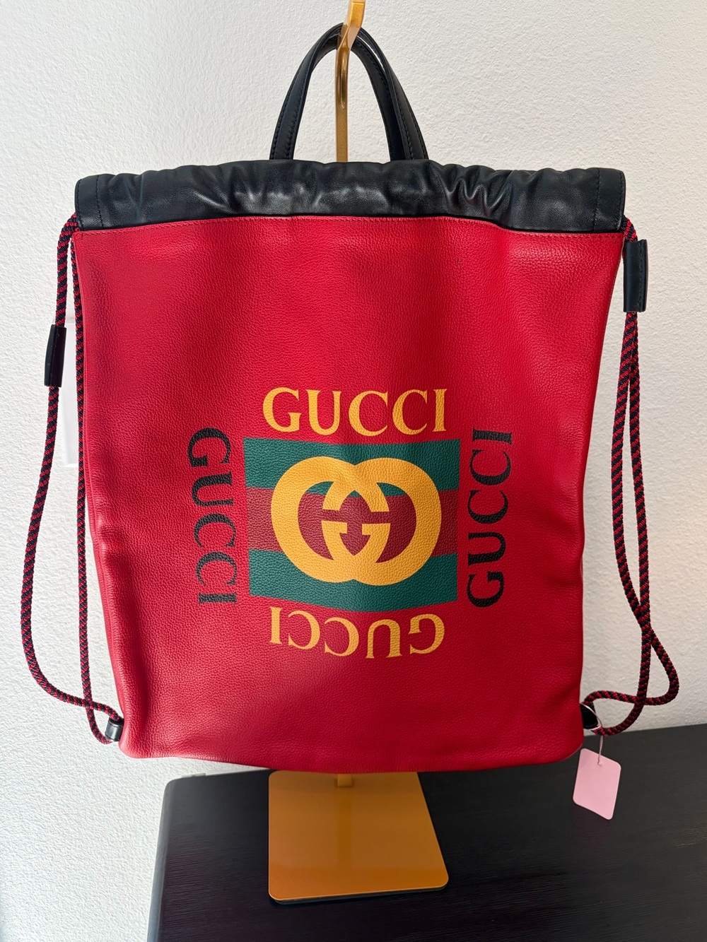 Gucci Red Leather Logo Drawstring Backpack